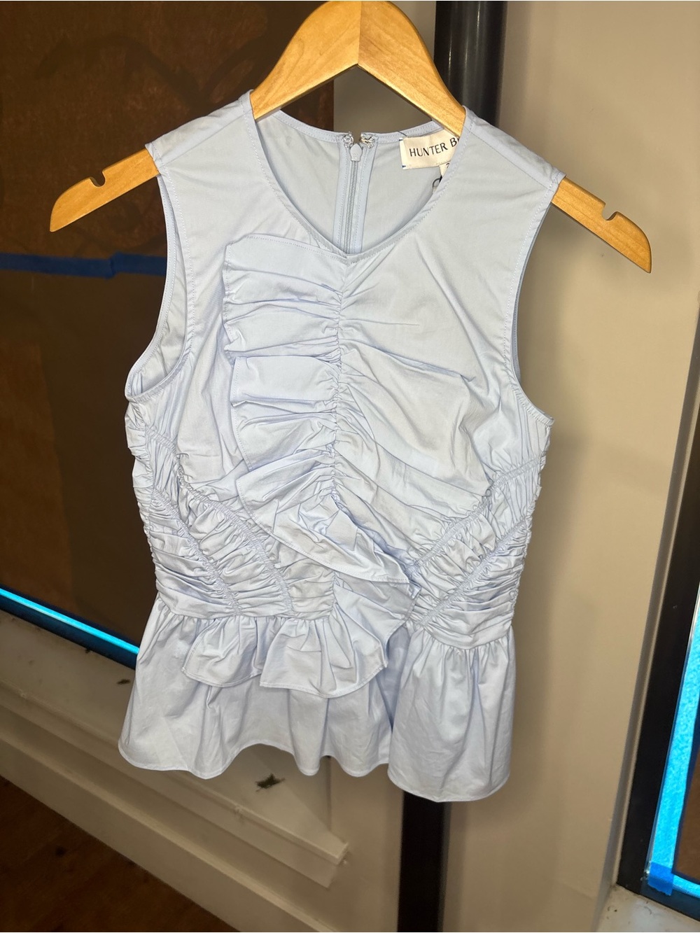 HUNTER BELL Light Blue Ruched Peplum Sleeveless Top